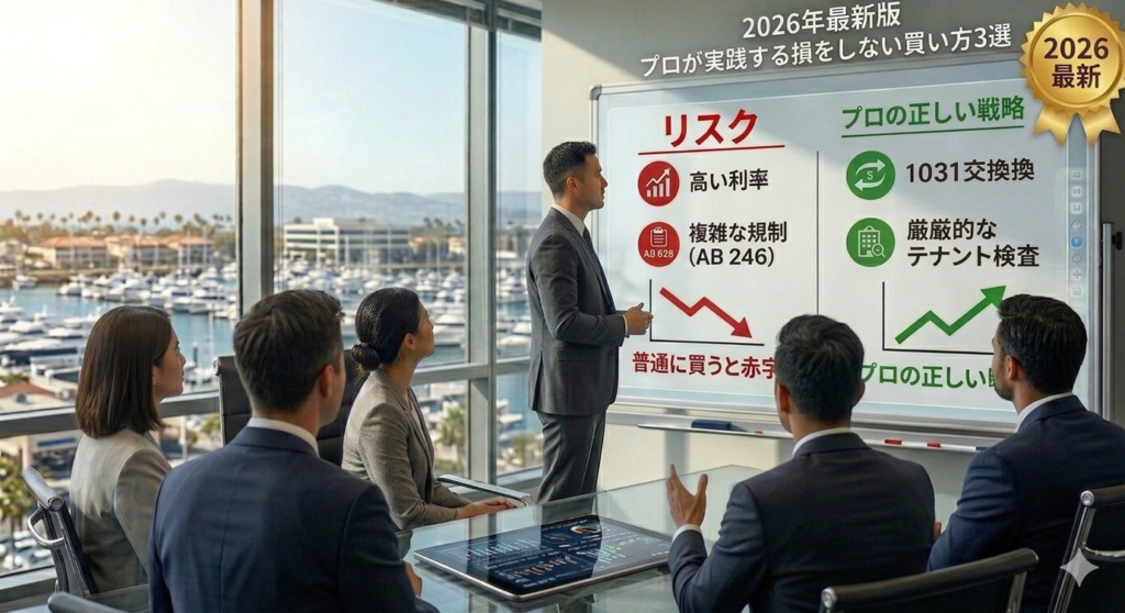 2026年最新のアメリカ不動産投資戦略を会議室で分析するプロフェッショナルチーム。ホワイトボードには「高い利率」や「複雑な規制」などのリスクと、「1031交換」や「厳格なテナント審査」などの成功戦略が対比で示されている。背景にはニューポートビーチの景色。