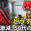 「暴落」という大きな赤文字、「どうする？」という黄色い文字。2026年4月のカレンダーを背景に、下落する赤い株価グラフと頭を抱えて不安に震える50代の中高年男性。スマホの画面には赤い下落数字。下部に「資産激減、50代の決断」の白文字。