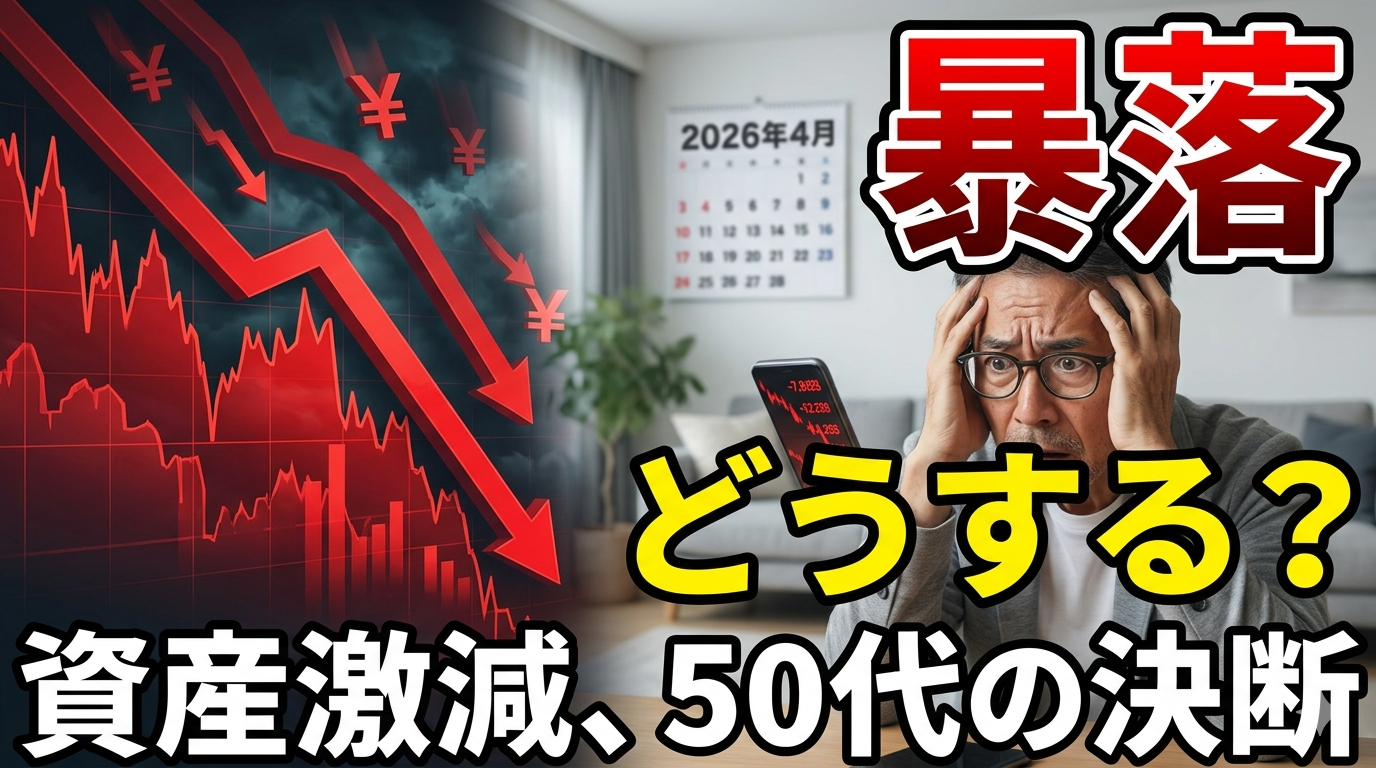 「暴落」という大きな赤文字、「どうする？」という黄色い文字。2026年4月のカレンダーを背景に、下落する赤い株価グラフと頭を抱えて不安に震える50代の中高年男性。スマホの画面には赤い下落数字。下部に「資産激減、50代の決断」の白文字。