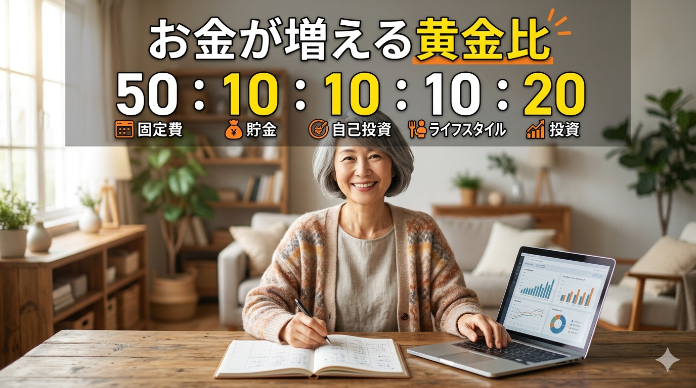 家計簿とパソコンを前に笑顔の50代女性と、お金が増える黄金比「固定費50：貯金10：自己投資10：ライフスタイル10：投資20」のテキスト