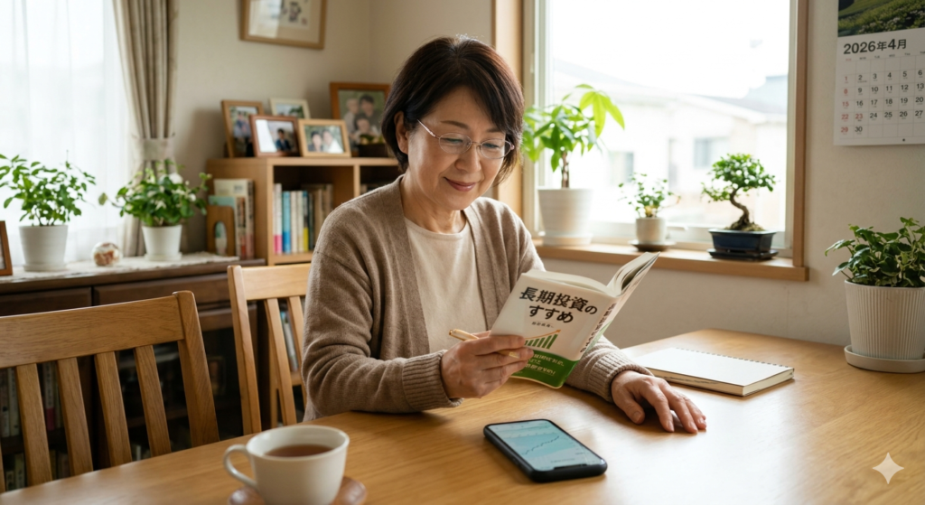 穏やかな光が差し込むリビングで、50代の中高年女性が『長期投資のすすめ』という本を読みながら、温かいお茶を飲んでリラックスしている。傍らのスマートフォンには安定した上昇グラフ。壁には2026年4月のカレンダー