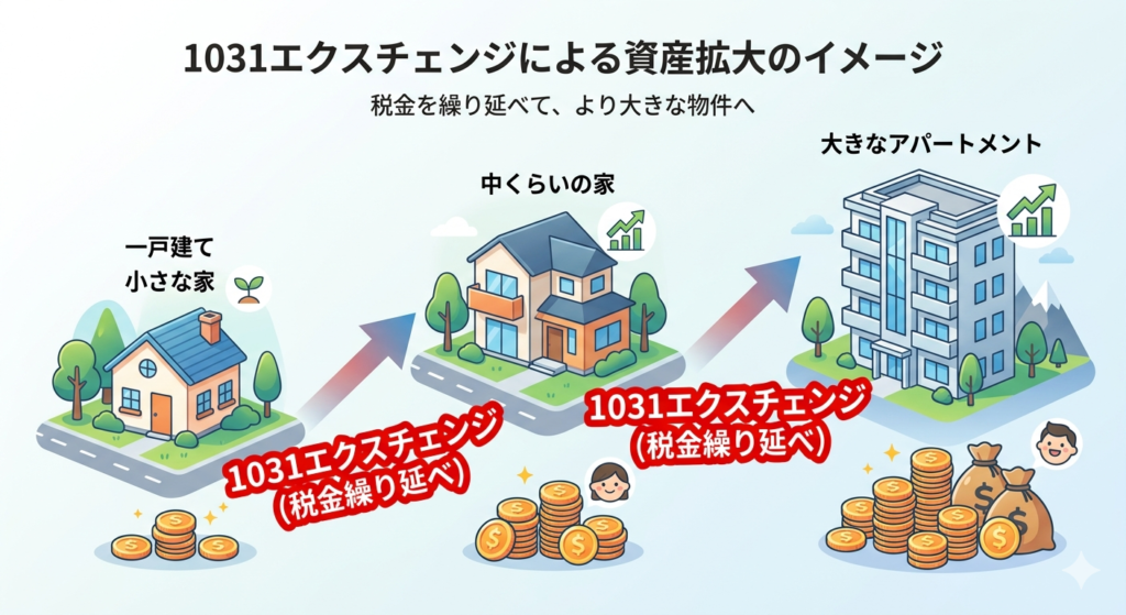 1031エクスチェンジによる米国不動産投資の資産拡大ステップ。小さな家から中くらいの家、大きなアパートメントへと成長していくイメージ図