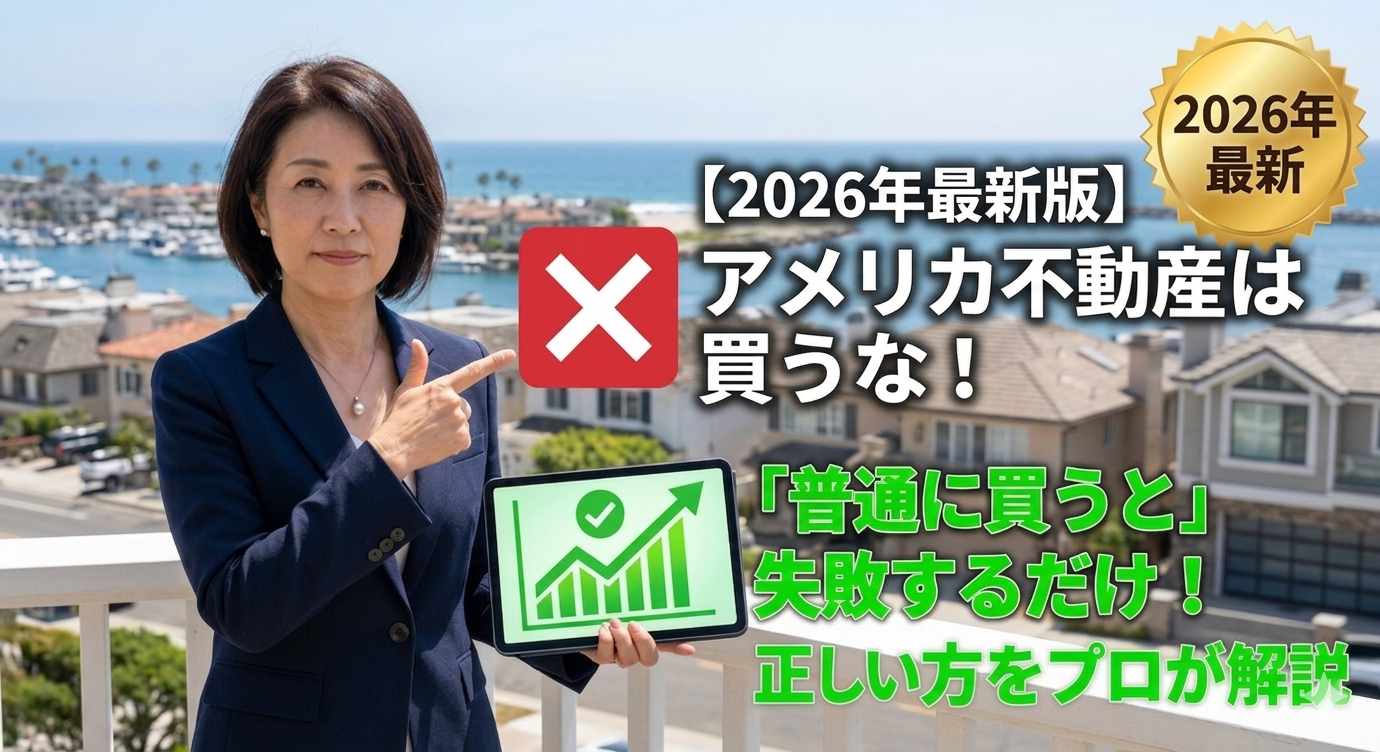 2026年最新のアメリカ不動産投資について解説する中年の日本人女性不動産投資家。カリフォルニアの海岸沿いの風景を背景に、タブレット上の緑色の成長グラフを指さしている。画面には「アメリカ不動産は買うな！」「『普通に買うと』失敗するだけ！正しい方をプロが解説」と、警告と解決策を示すテキストが表示され、金色のバッジには「2026最新」と記載されている。
