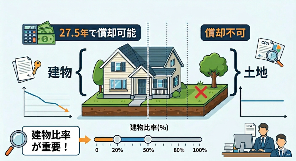 アメリカ不動産投資の減価償却の仕組み。住宅イラストを建物(27.5年で償却可能)と土地(償却不可)に色分けし、建物比率の重要性を視覚化したインフォグラフィック。